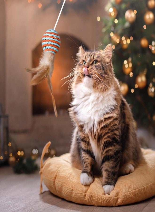 PET FUN لعبة عصا الريش التفاعلية للقطط من بيت فن® مع جرس - عصا خشبية بمقبض لإثارة القطط المنزلية والقطط الصغيرة - خيط قابل للسحب مع ريش طبيعي وكرة مخططة - Image 3